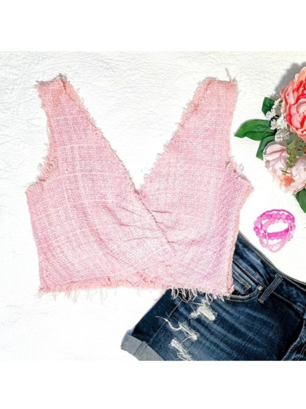 Zara Women's Crop Top Size Medium Pink Tweed V Neckline Sleeveless Festival Y2K